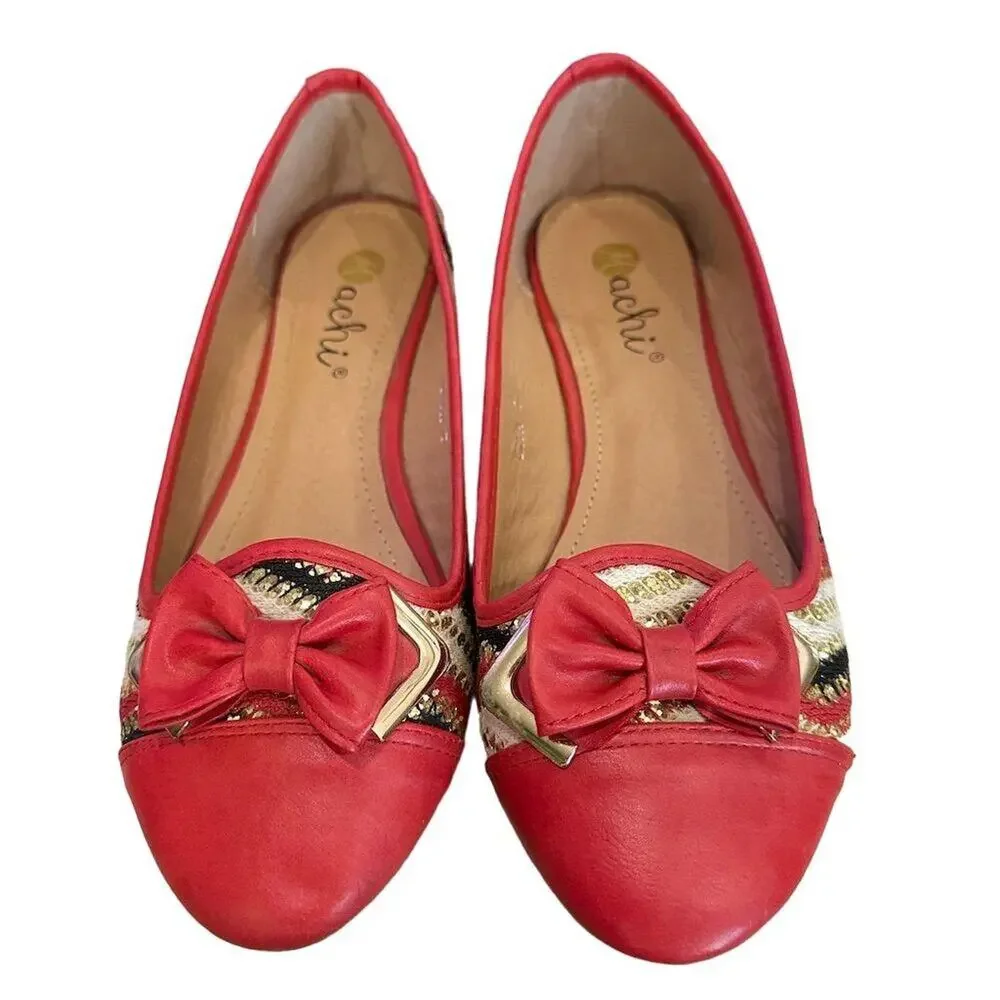 Machi Women's Red Plaid Ballet Flats Size 7 with‎ Bow Accent